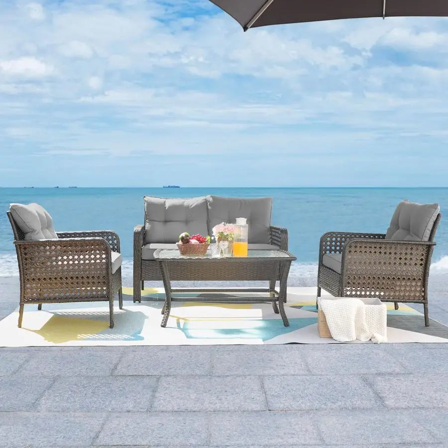 Patio Furniture Set Outdoor Furniture 4 Pieces Wicker Patio Conversation Sets with Loveseat, Rattan Seating Outside Patio Set Co