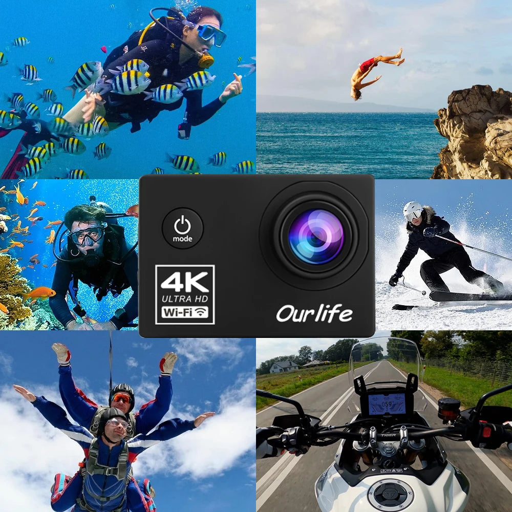 OURLIFE Action Camera Ultra HD 4K 30FPS 16MP WiFi Waterproof 30M