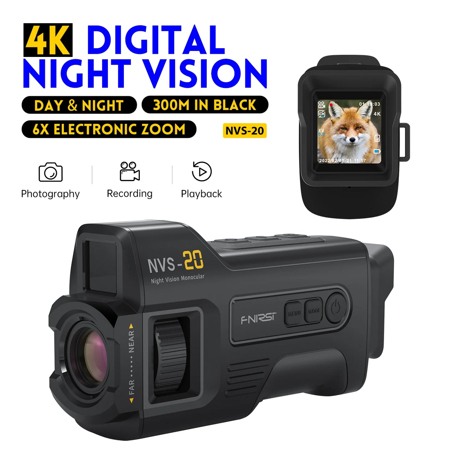 FNIRSI Telescope NVS-20 4K HD Monocular Night Vision Goggles 6X Digital Zoom 300m Hunting Camping Scope Day and Night Dual Use