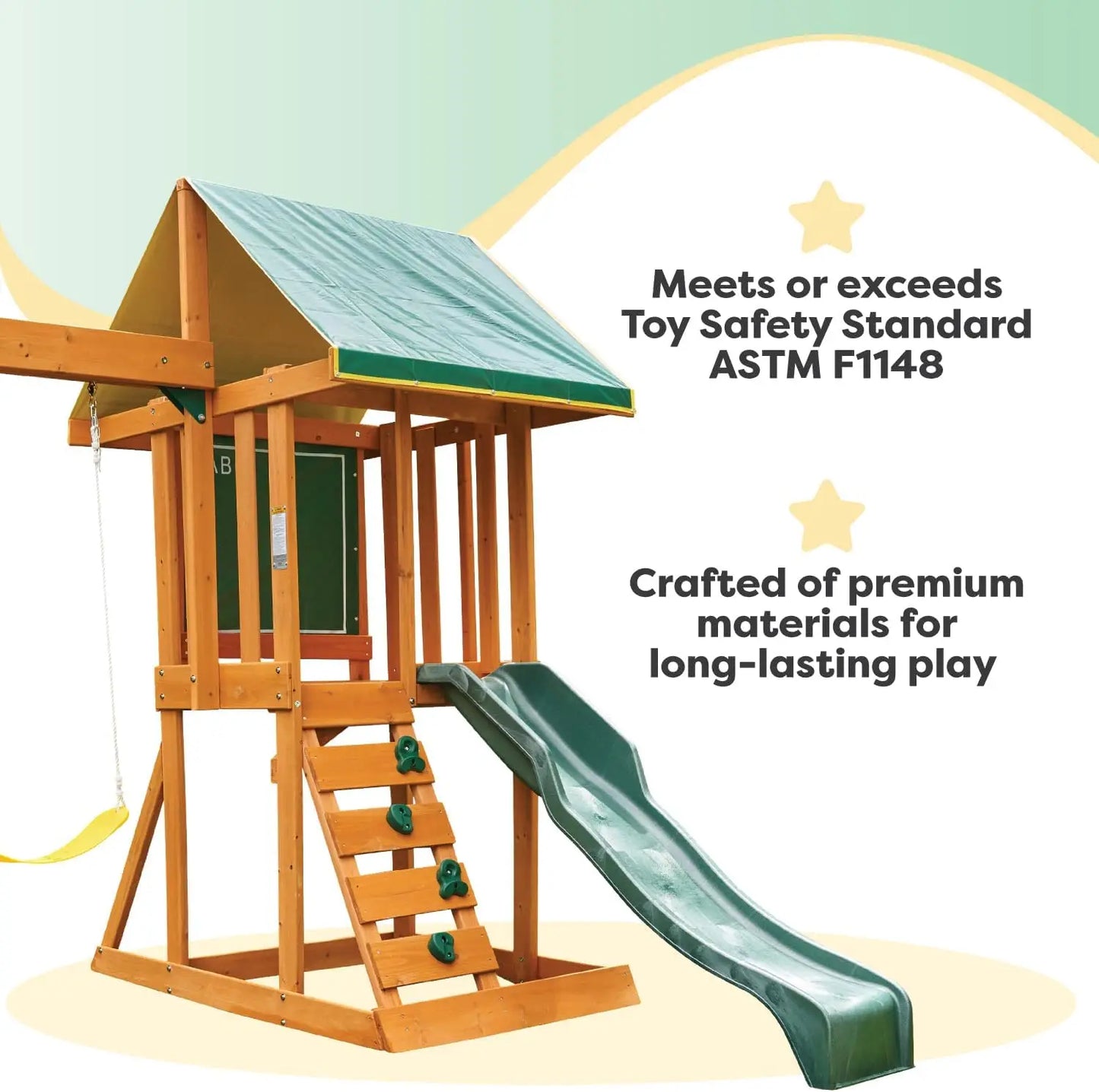 Outdoor Wooden Swing Set with Chalk Wall and Shaded Deck for Kids' Active Play