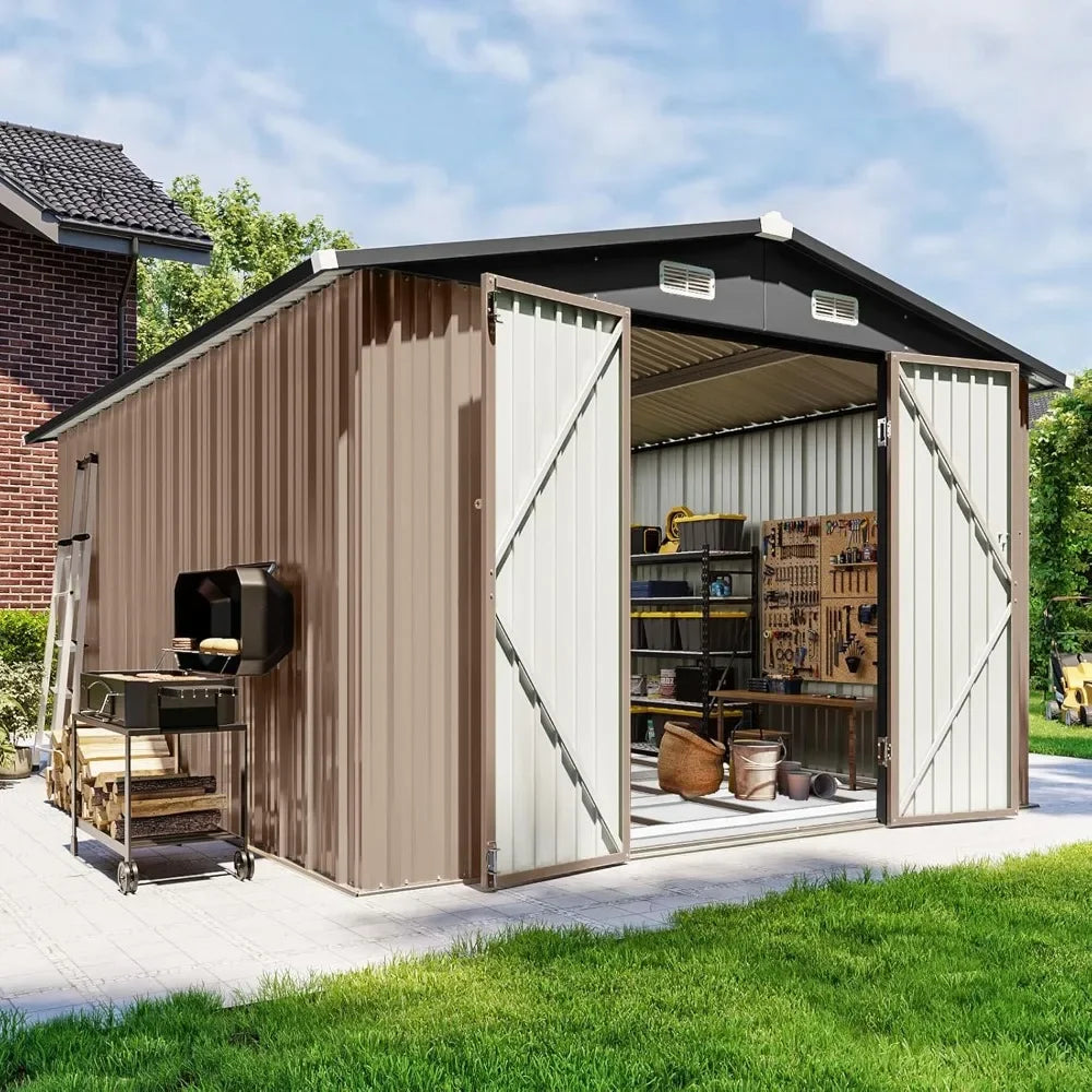 10x12 FT Outdoor Storage Shed with Floor Foundation & Lockable Double Doors, Heavy-Duty Galvanized Steel Outdoor Metal Shed