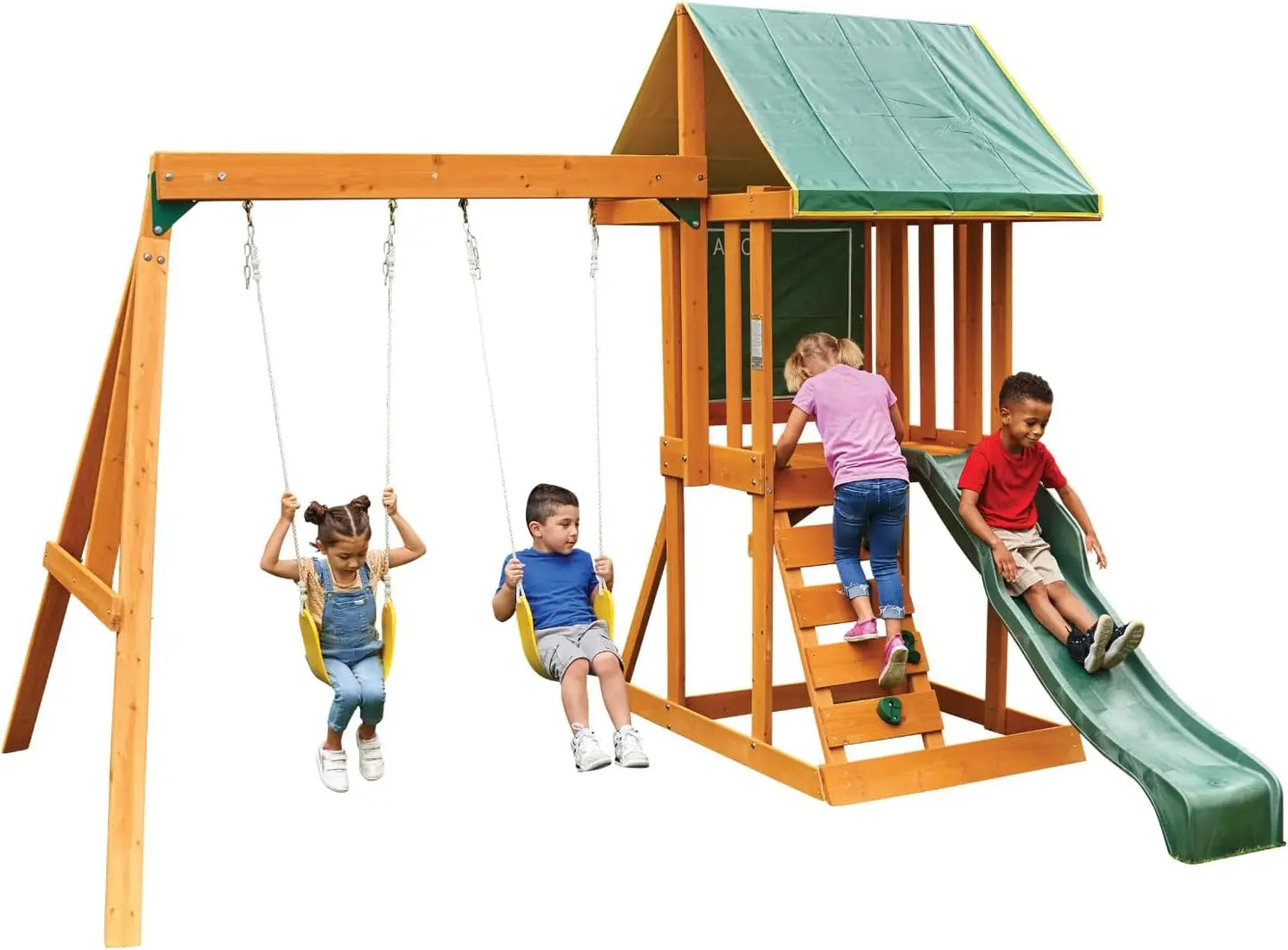 Outdoor Wooden Swing Set with Chalk Wall and Shaded Deck for Kids' Active Play