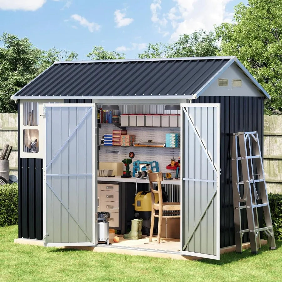 8x6 FT Outdoor Metal Storage Shed with Clear Window Lockable Single Door Weather-Resistant Garden Tool Shed for Backyard Patio