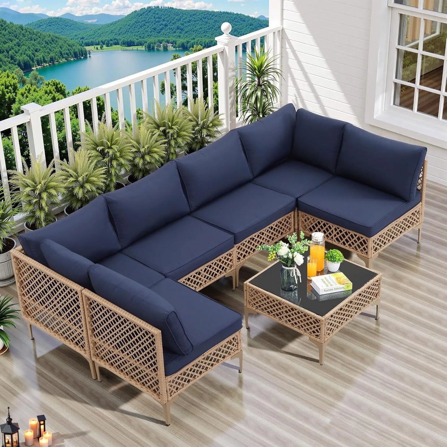 7 Piece Outdoor Wicker Patio Furniture Set, Rattan Sectional Sofa Couch, Patio Conversation Set with Cushion & Coffee Table, for