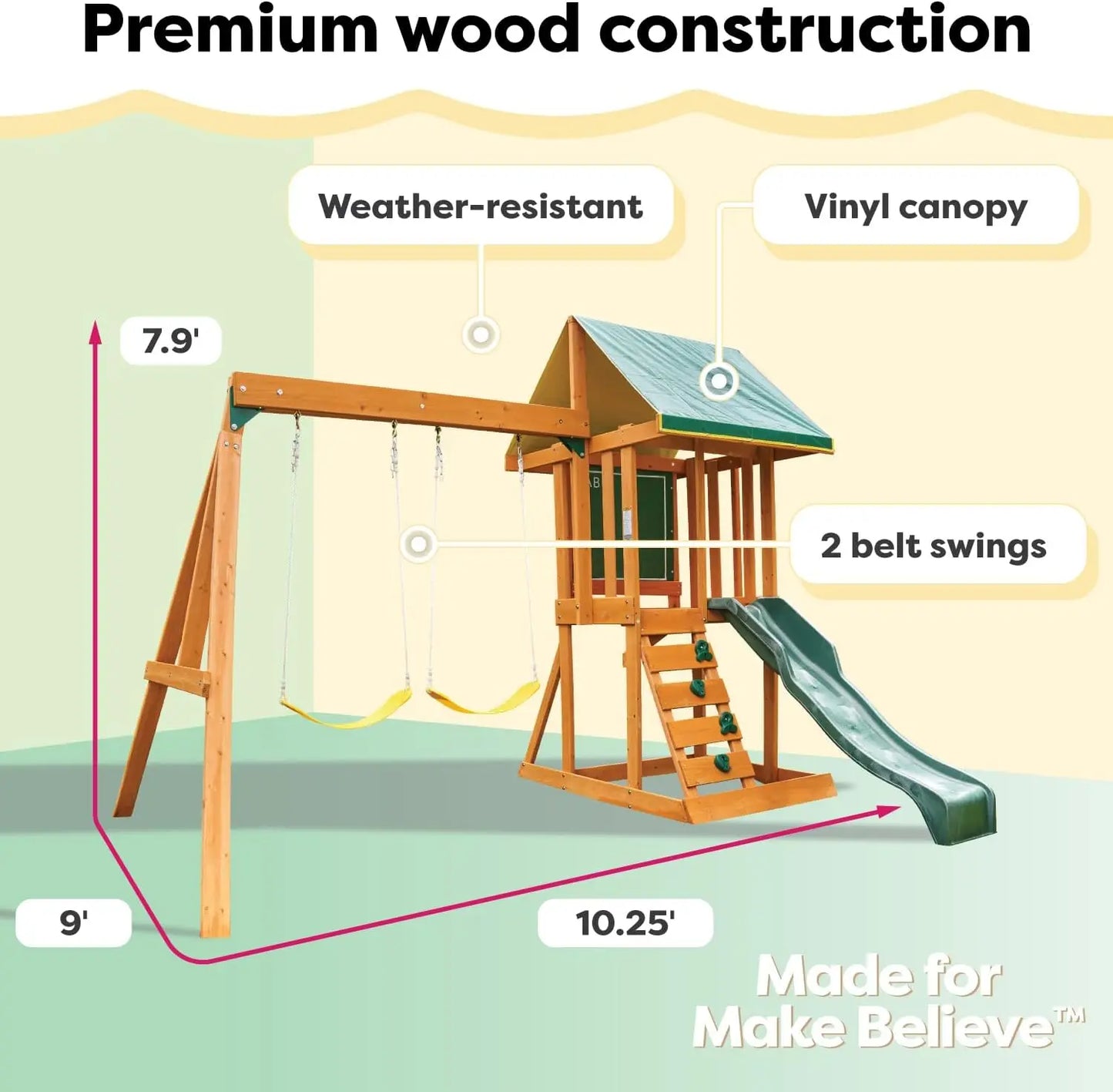 Outdoor Wooden Swing Set with Chalk Wall and Shaded Deck for Kids' Active Play