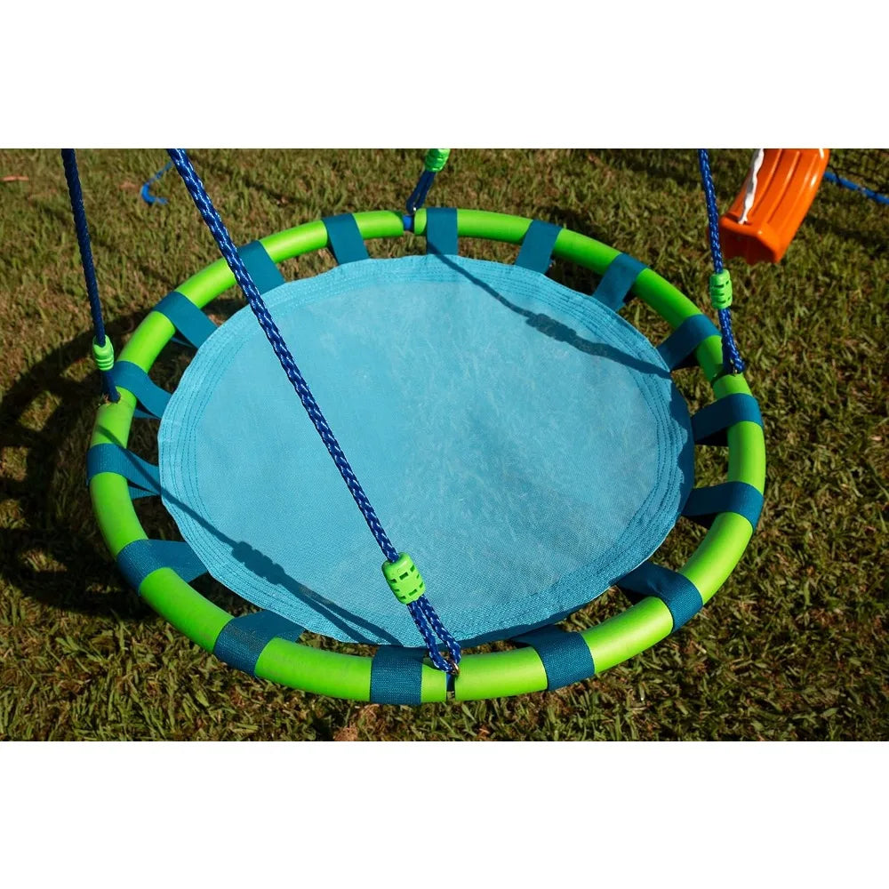 6 Station Sports Metal Swing Set for Backyard with Slide Seesaw, Saucer Swing, Basketball Hoop, and Soccer Rebounder (8413)