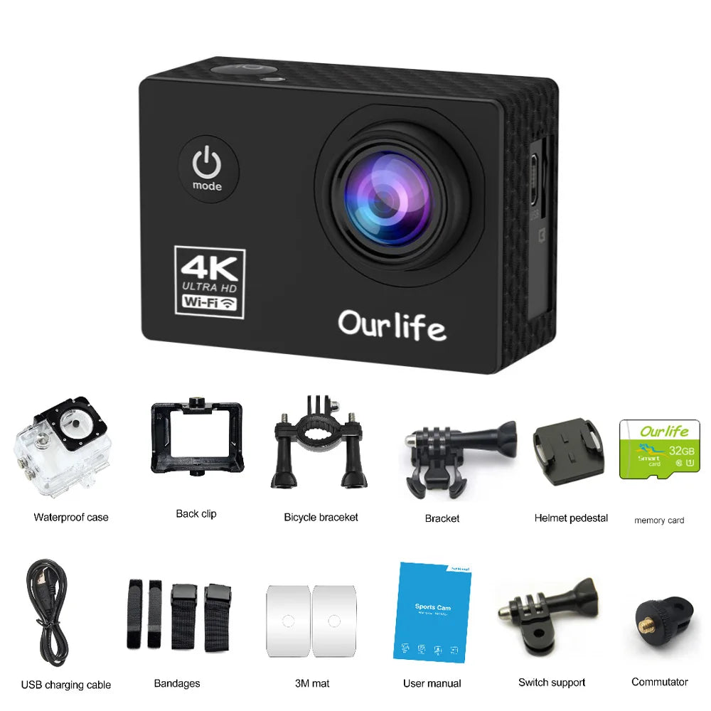 OURLIFE Action Camera Ultra HD 4K 30FPS 16MP WiFi Waterproof 30M