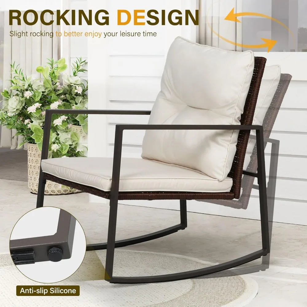 3-Piece Patio Bistro Set Outdoor Rocking Chairs Set Brown Wicker Porch Chairs with Glass Coffee Table, Beige Cushion
