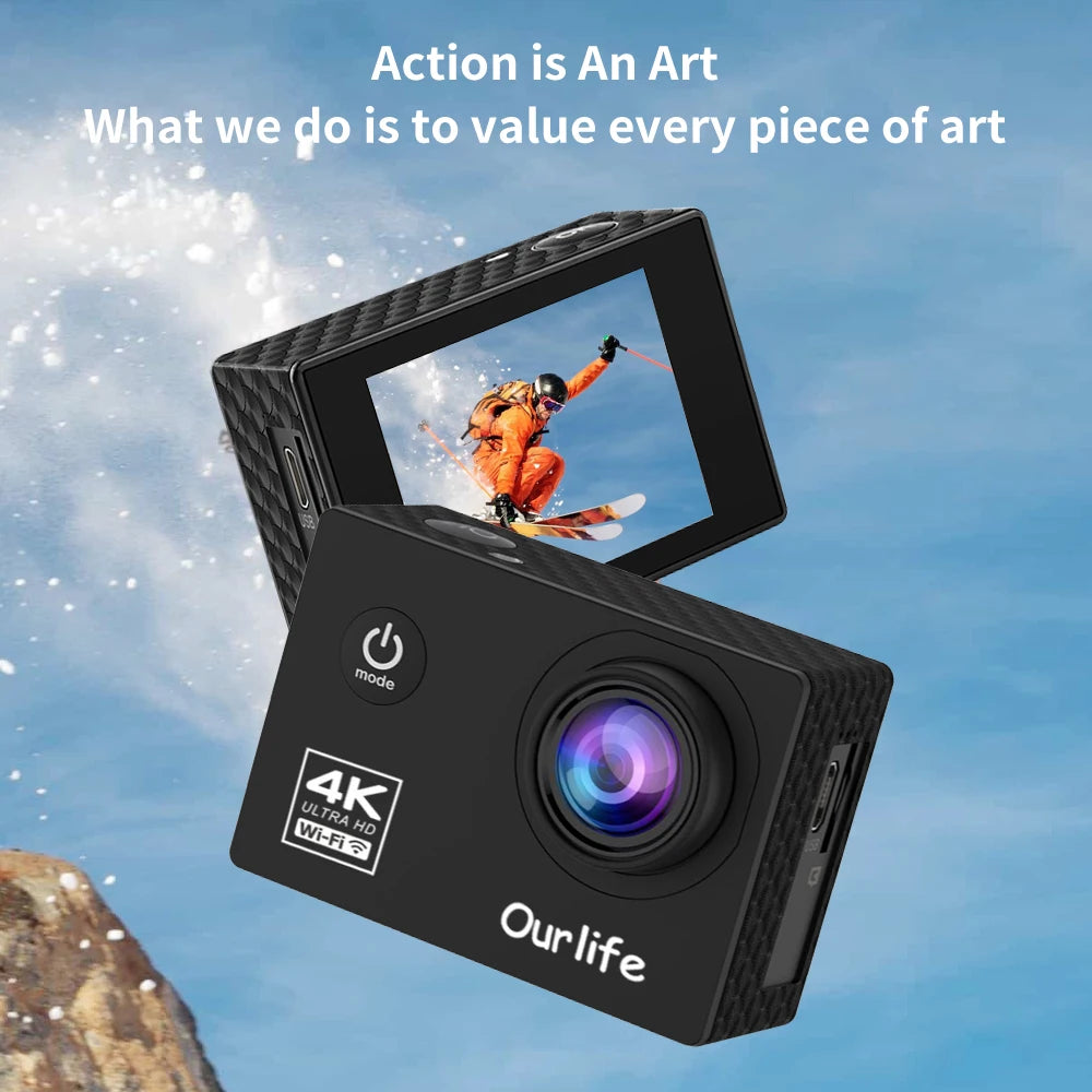 OURLIFE Action Camera Ultra HD 4K 30FPS 16MP WiFi Waterproof 30M