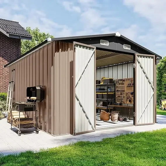 10x12 FT Outdoor Storage Shed with Floor Foundation & Lockable Double Doors, Heavy-Duty Galvanized Steel Outdoor Metal Shed