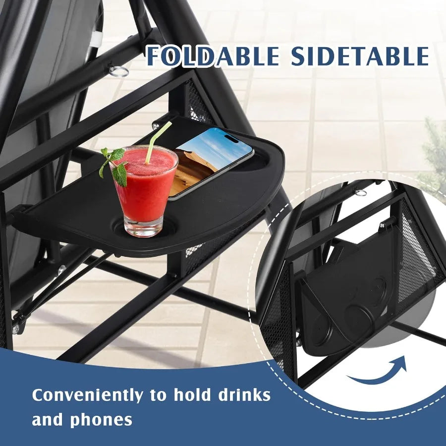3 Person Outdoor Porch Swing with Canopy and Stand for Garden Yard Convertible 2 in 1 Patio Bed Swing with Cup Holder Grey Swin