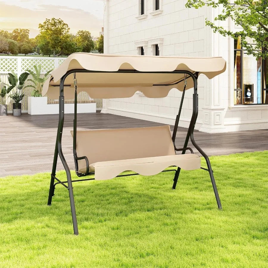 Porch Swing Outdoor 3 Person Patio Swing w/Removable Cushion Stand Adjustable Canopy Heavy Duty Swing Chair for Patio Garden Co