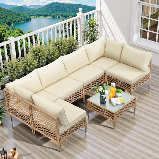 7 Piece Outdoor Wicker Patio Furniture Set, Rattan Sectional Sofa Couch, Patio Conversation Set with Cushion & Coffee Table, for