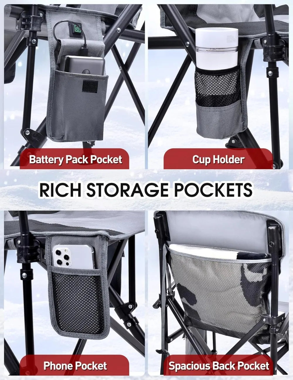 Heated Camping Chair with 3 Temperature Settings, Padded Seat & Back, Cup Holder and Storage Pockets for Outdoor Use
