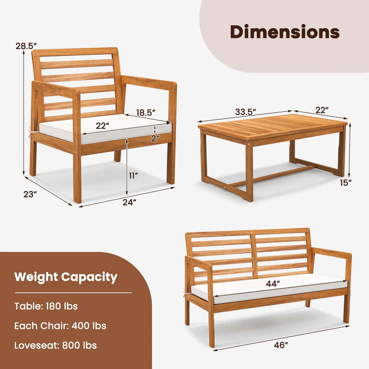 4 PCS Wood Patio Furniture Set with Soft Seat Cushions Solid Acacia Wood Frame