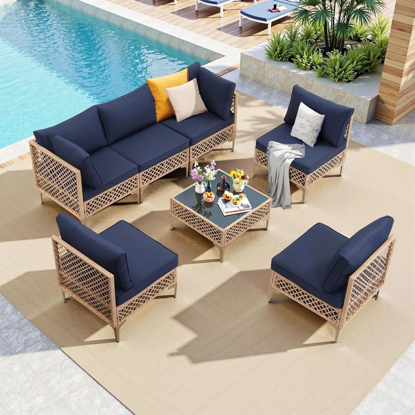 7 Piece Outdoor Wicker Patio Furniture Set, Rattan Sectional Sofa Couch, Patio Conversation Set with Cushion & Coffee Table, for