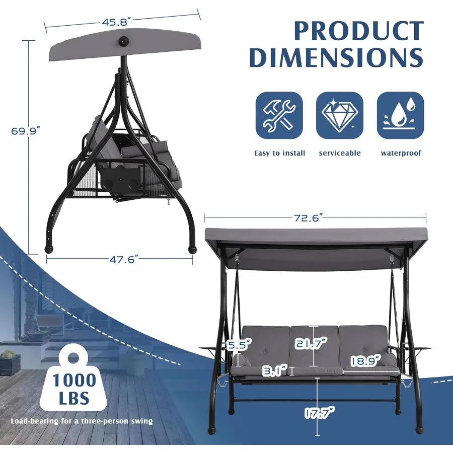 3 Person Outdoor Porch Swing with Canopy and Stand for Garden Yard Convertible 2 in 1 Patio Bed Swing with Cup Holder Grey Swin