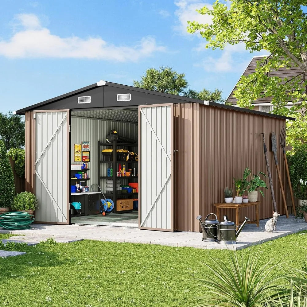 10x12 FT Outdoor Storage Shed with Floor Foundation & Lockable Double Doors, Heavy-Duty Galvanized Steel Outdoor Metal Shed
