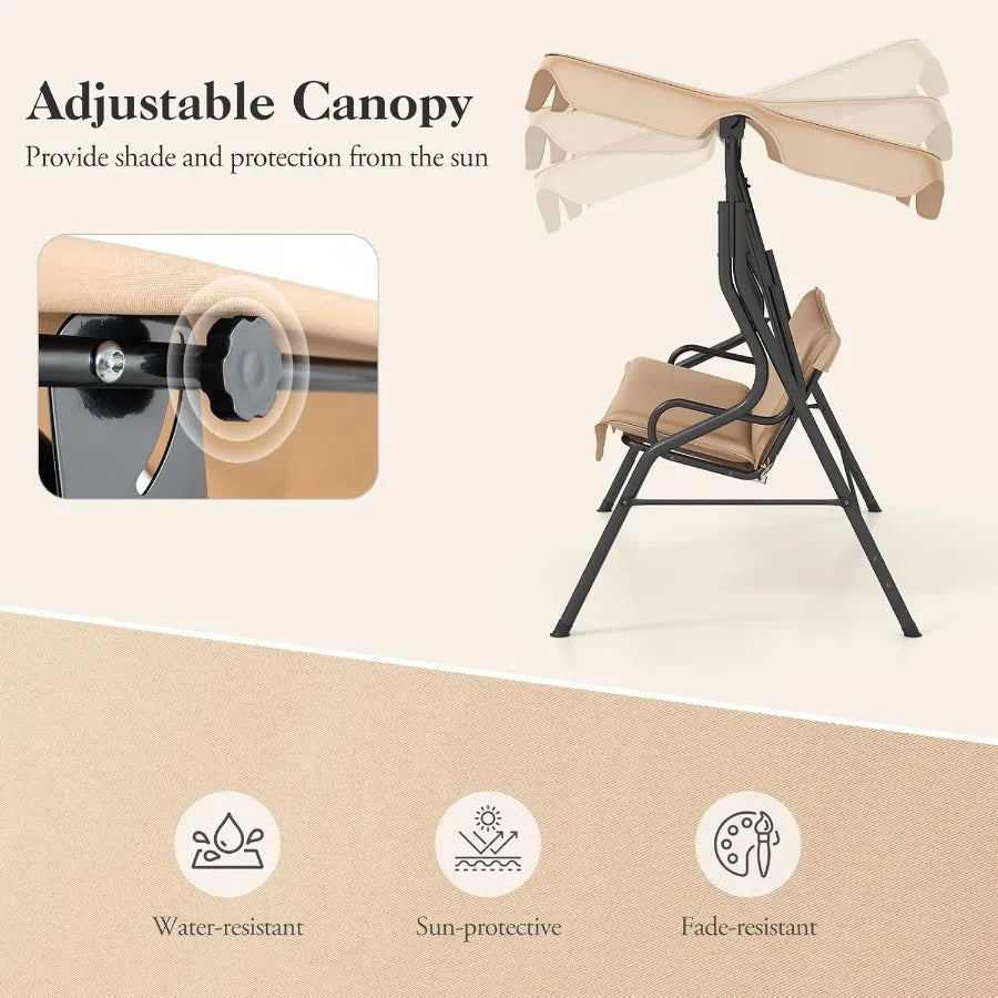 Porch Swing Outdoor 3 Person Patio Swing w/Removable Cushion Stand Adjustable Canopy Heavy Duty Swing Chair for Patio Garden Co