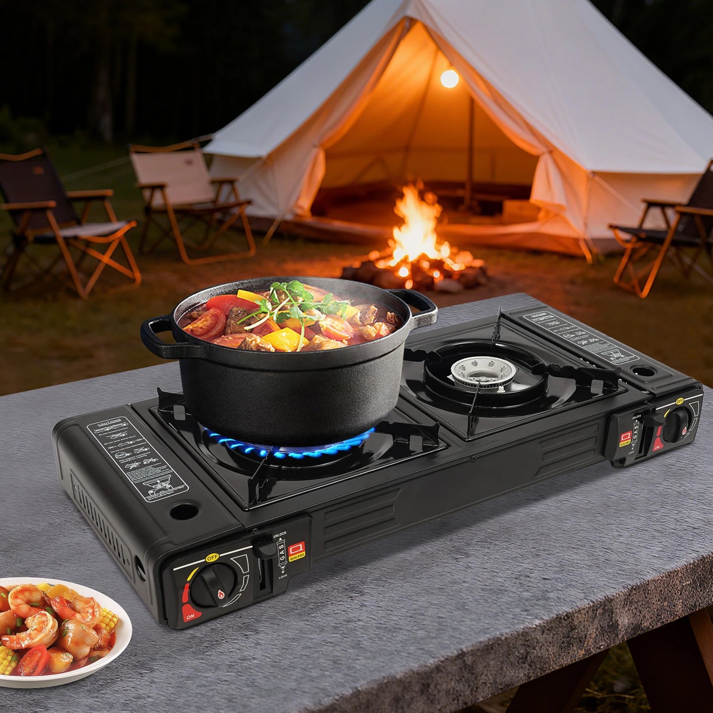 2-Burner Portable Camping Stove Butane Camping Stove Kit w/Baking Pan and Carrying Case Auto Ignition Camping Burner LPG
