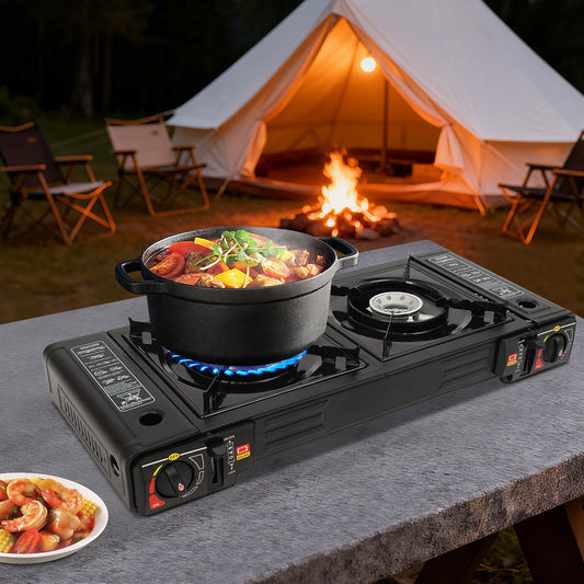 2-Burner Portable Camping Stove Butane Camping Stove Kit w/Baking Pan and Carrying Case Auto Ignition Camping Burner LPG