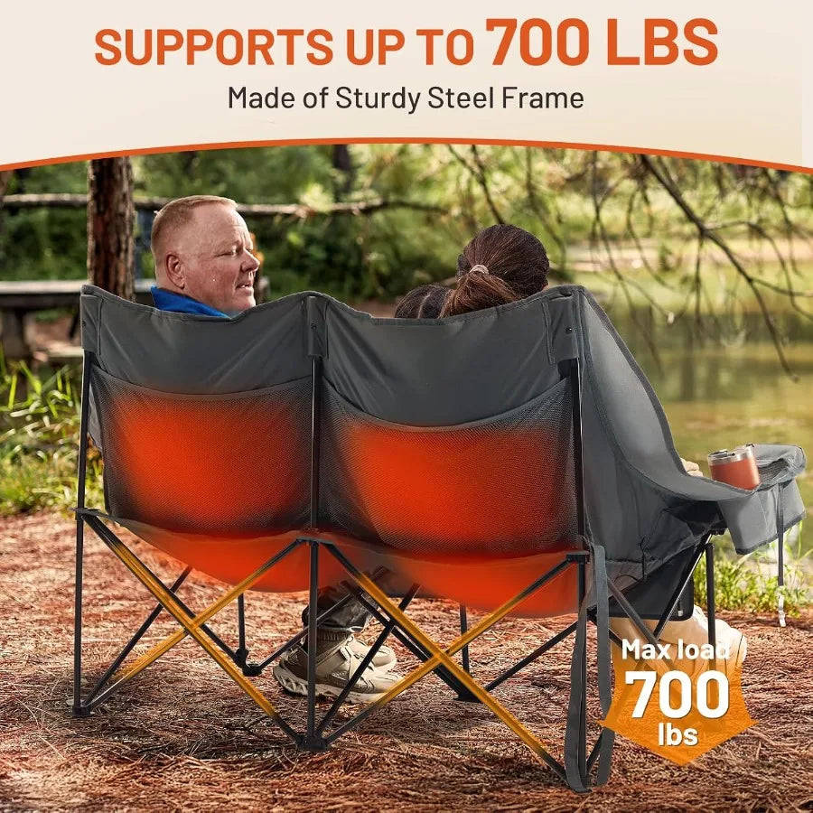 Heated Double Camping Chair 700 lbs Heavy Duty Outdoor Folding Camp Couch with Enhanced Comfort and Durability Ideal for Outdoo