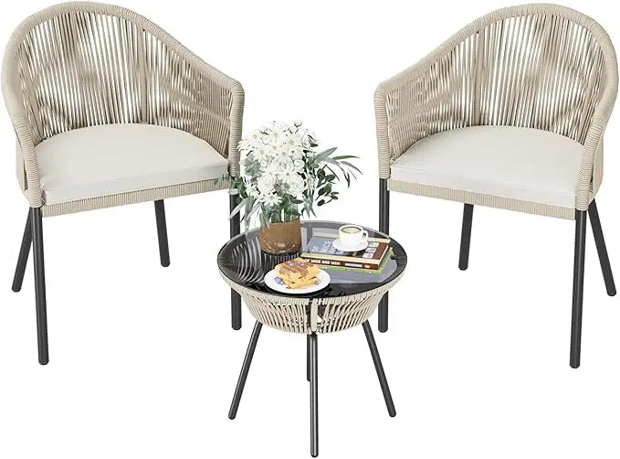 Patio Furniture Set 3 Pieces Rope Woven Bistro Set Outdoor Conversation Set with 2 Wide Chairs,Cushions and Tempered Glass Tabl
