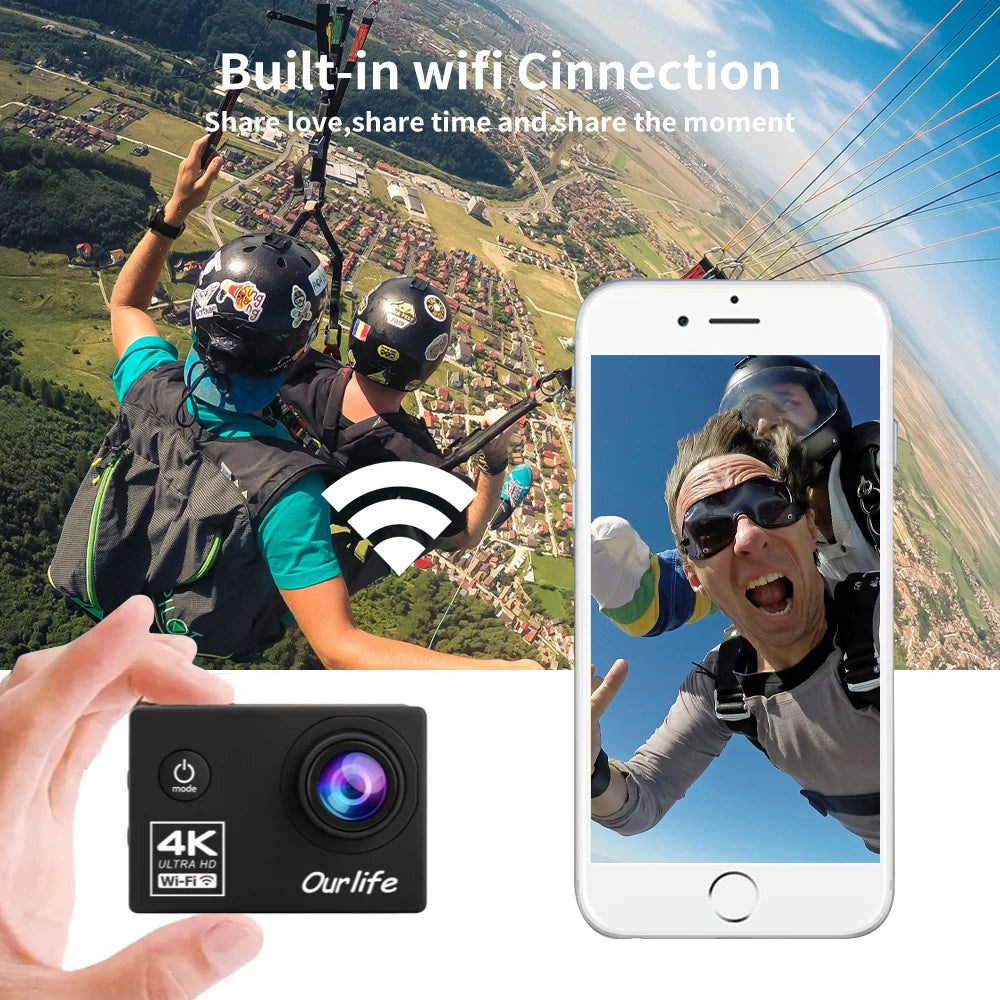 OURLIFE Action Camera Ultra HD 4K 30FPS 16MP WiFi Waterproof 30M