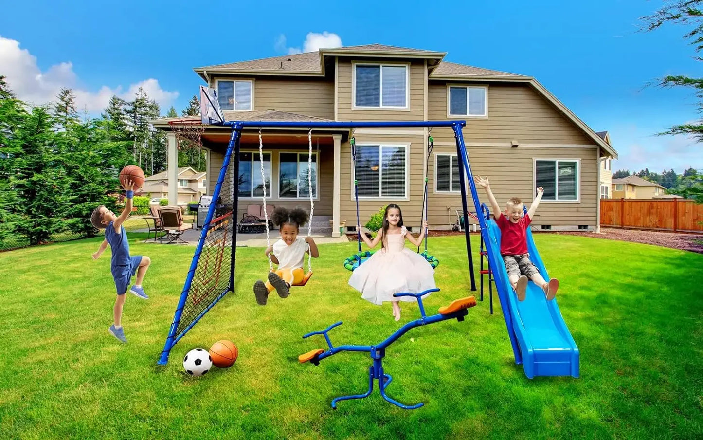 6 Station Sports Metal Swing Set for Backyard with Slide Seesaw, Saucer Swing, Basketball Hoop, and Soccer Rebounder (8413)