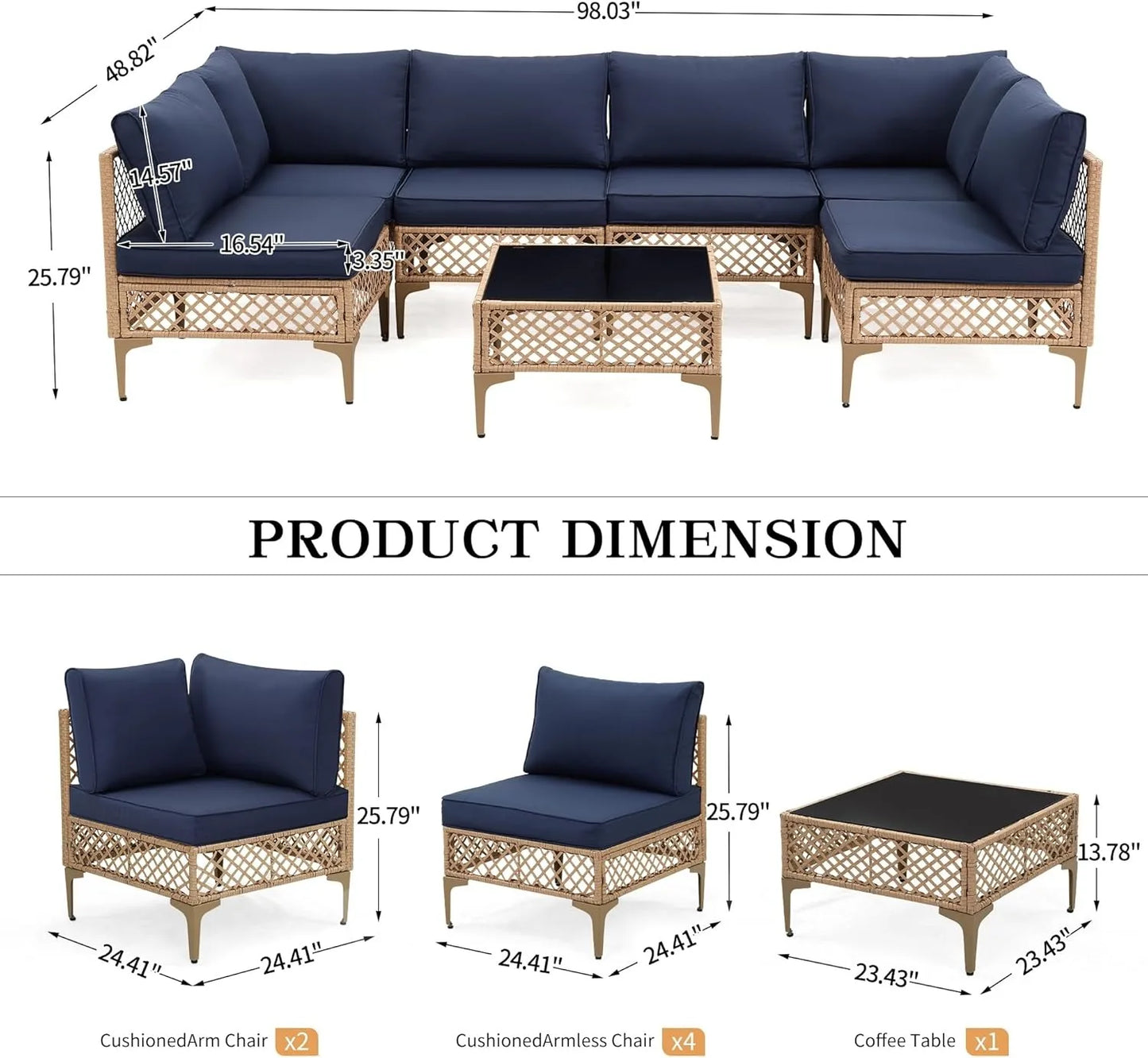 7 Piece Outdoor Wicker Patio Furniture Set, Rattan Sectional Sofa Couch, Patio Conversation Set with Cushion & Coffee Table, for