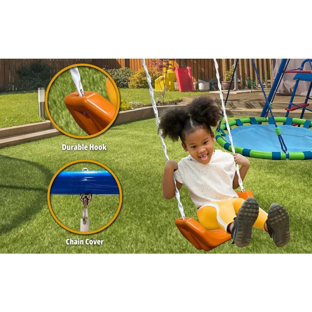 6 Station Sports Metal Swing Set for Backyard with Slide Seesaw, Saucer Swing, Basketball Hoop, and Soccer Rebounder (8413)