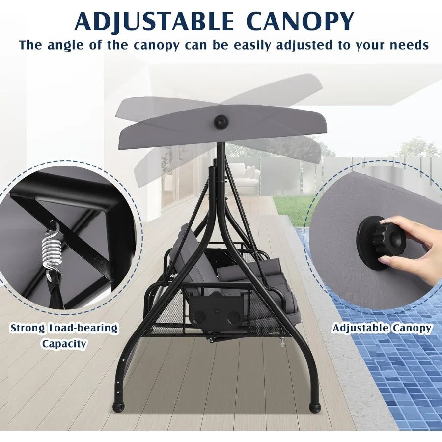 3 Person Outdoor Porch Swing with Canopy and Stand for Garden Yard Convertible 2 in 1 Patio Bed Swing with Cup Holder Grey Swin