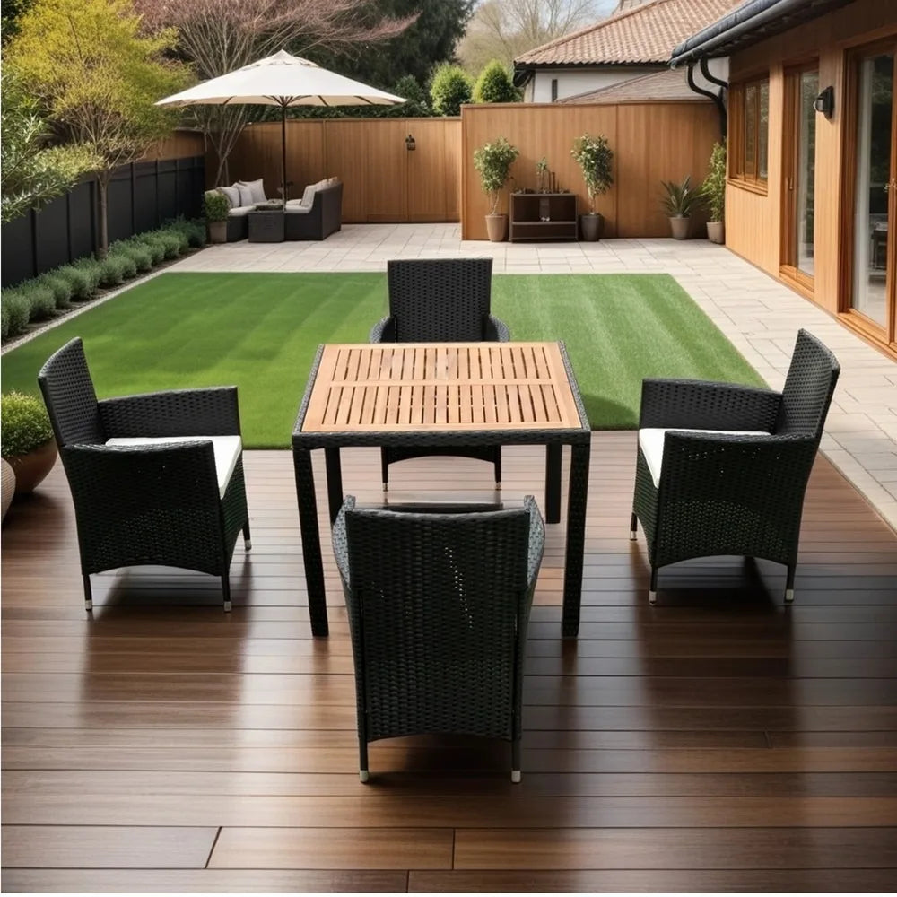 5 Pieces Patio Dining Set, Wicker Dining Table & Chairs Set for 4 with Cushions