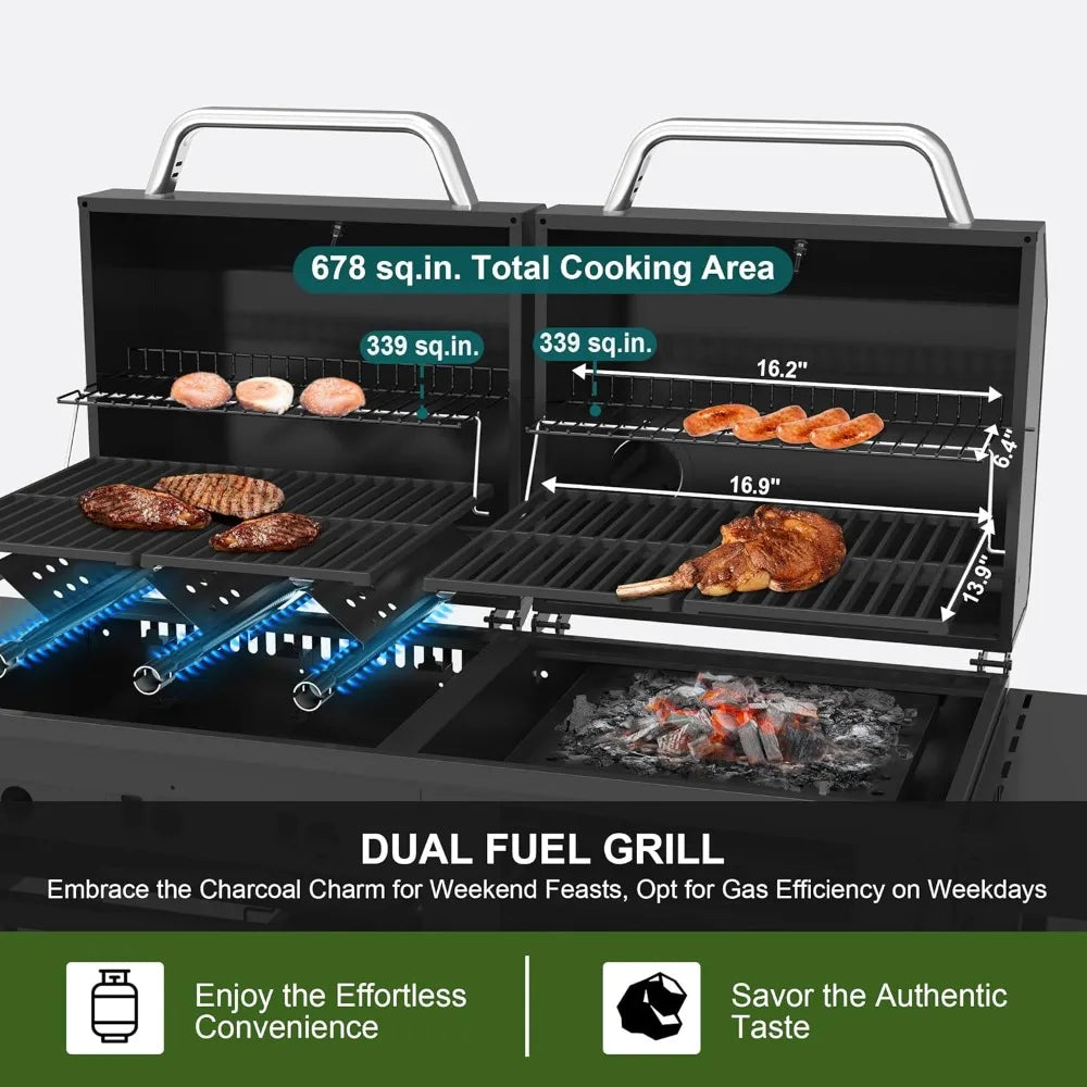 Brand-Man Propane Gas and Charcoal Grill Combo,Grill and Griddle Combo Dual Fuel BBQ Grill with Dual Lids for Outdoor Barbecue,