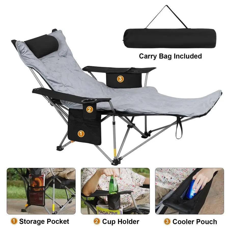 2PK 4Position Reclining Camping Chair with Removable Footrest, Blanket Cotton Cushion, 2in1 Adjustable Portable Lounge Chair wit
