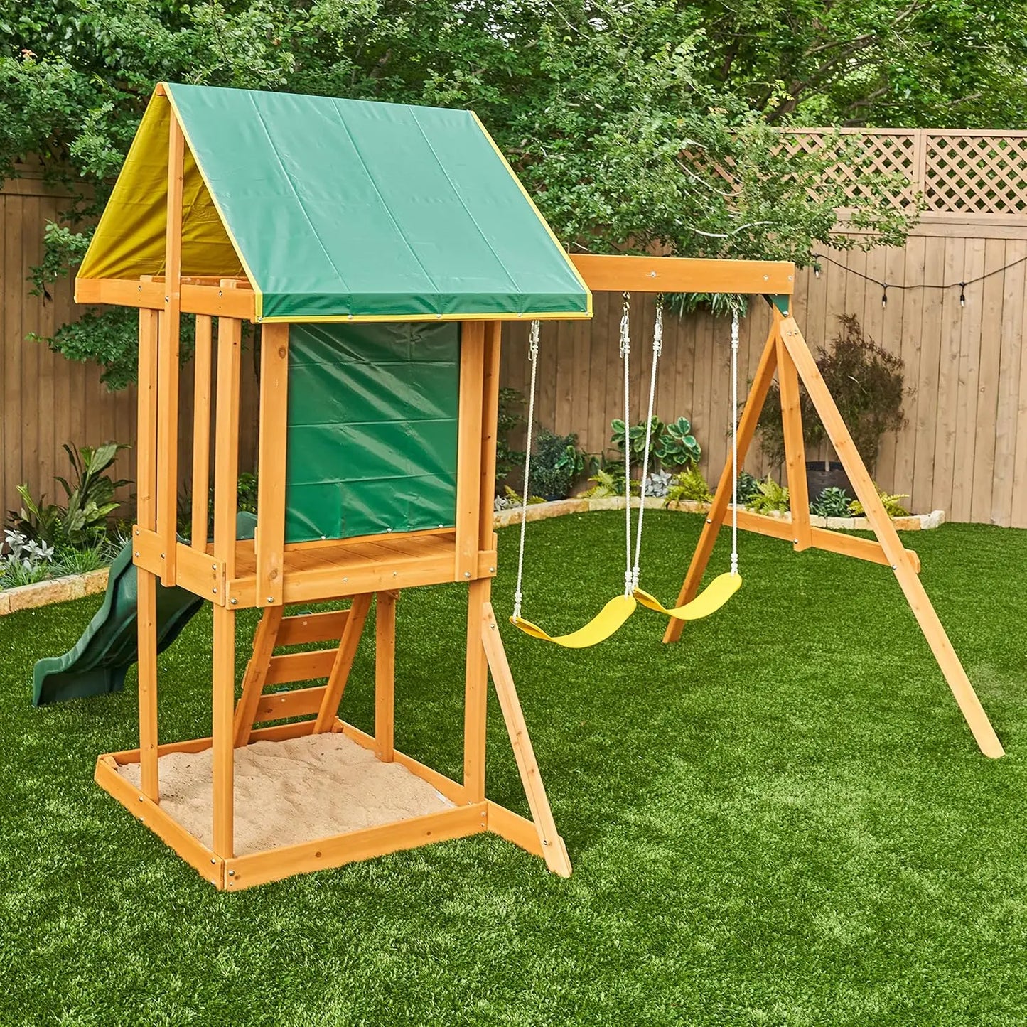 Outdoor Wooden Swing Set with Chalk Wall and Shaded Deck for Kids' Active Play