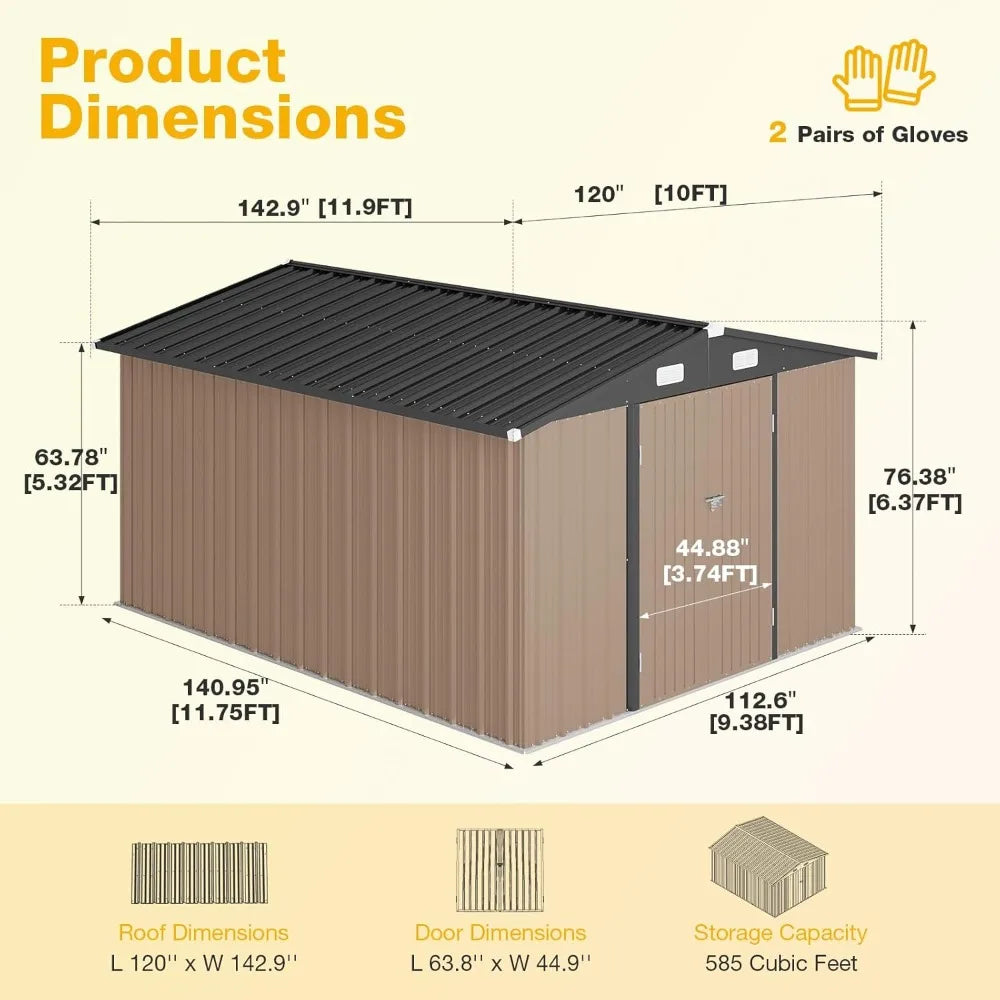 10x12 FT Outdoor Storage Shed with Floor Foundation & Lockable Double Doors, Heavy-Duty Galvanized Steel Outdoor Metal Shed
