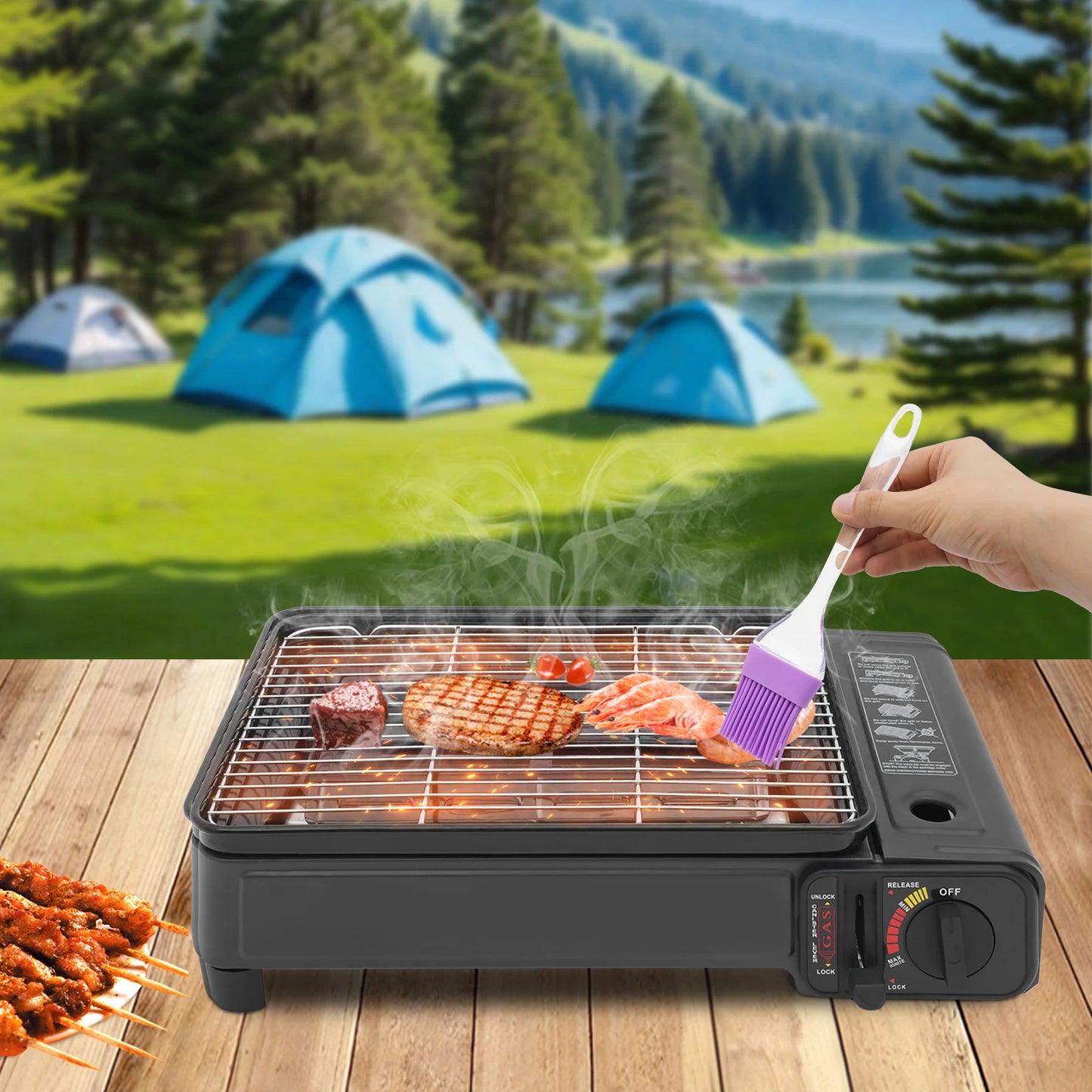 Powerful 2.2KW Portable Gas BBQ Grill Stove for Outdoor Camping Picnic Windproof Lightweight with Carry Case & Accessories