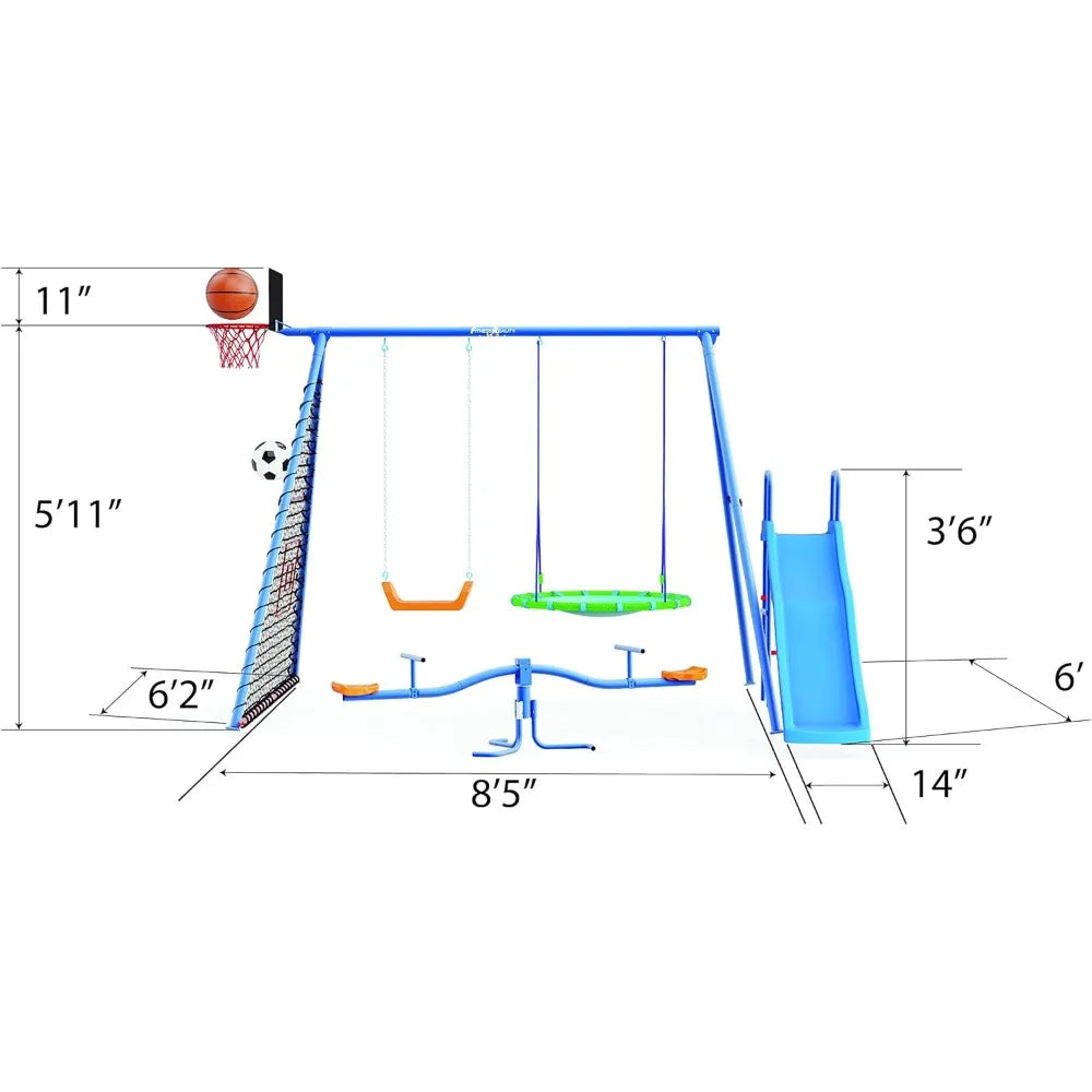 6 Station Sports Metal Swing Set for Backyard with Slide Seesaw, Saucer Swing, Basketball Hoop, and Soccer Rebounder (8413)
