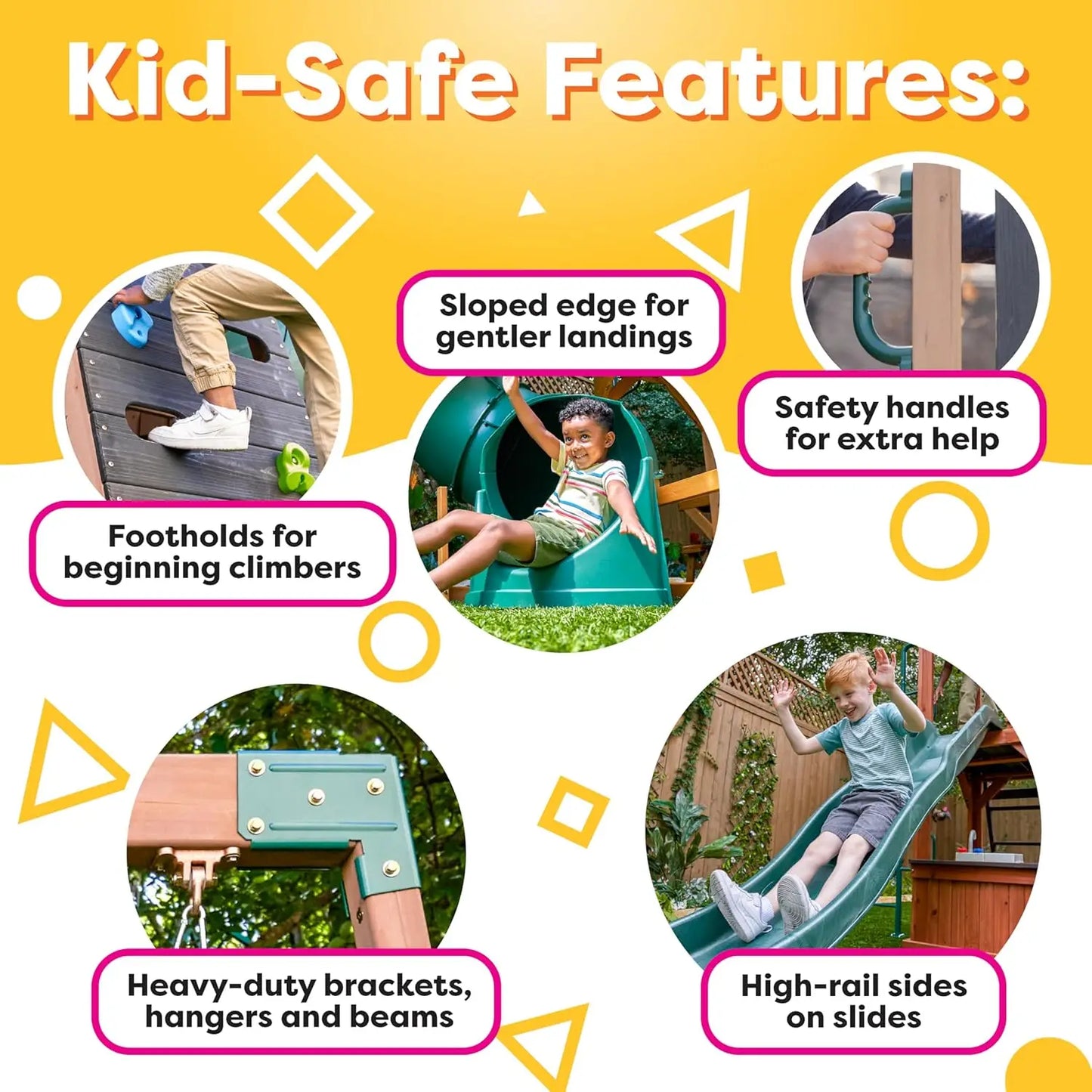 Outdoor Wooden Swing Set with Chalk Wall and Shaded Deck for Kids' Active Play