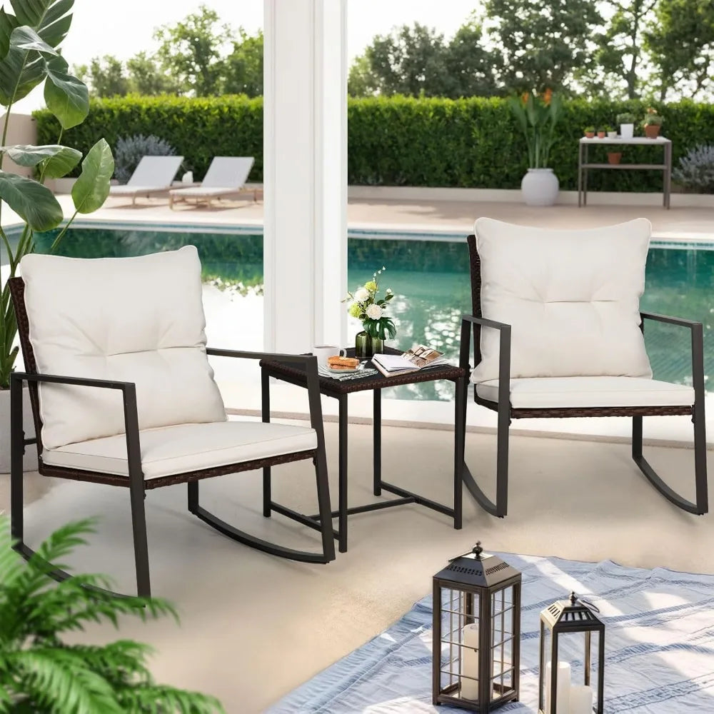 3-Piece Patio Bistro Set Outdoor Rocking Chairs Set Brown Wicker Porch Chairs with Glass Coffee Table, Beige Cushion