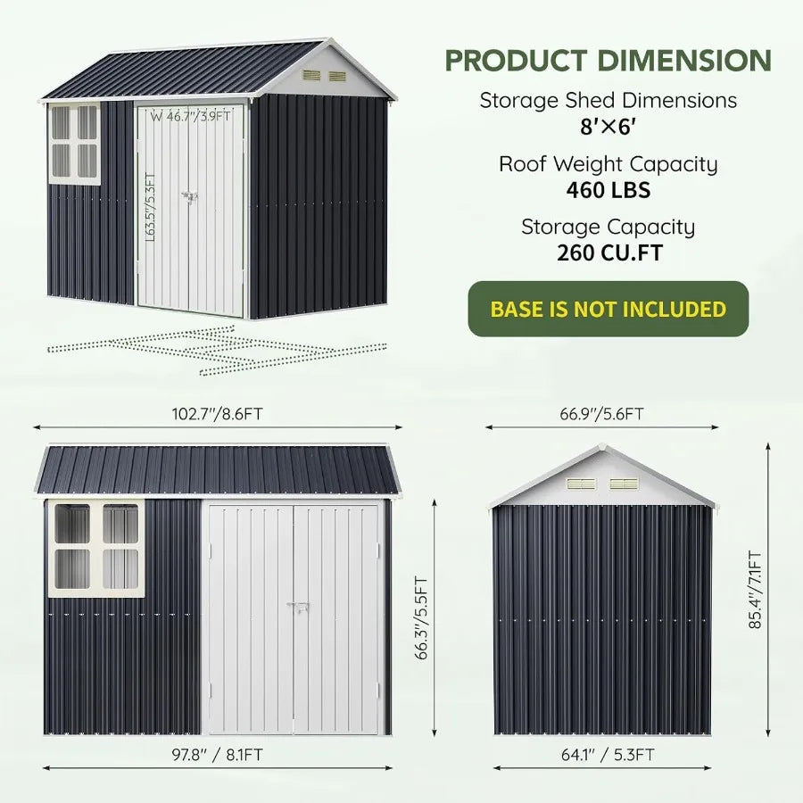 8x6 FT Outdoor Metal Storage Shed with Clear Window Lockable Single Door Weather-Resistant Garden Tool Shed for Backyard Patio