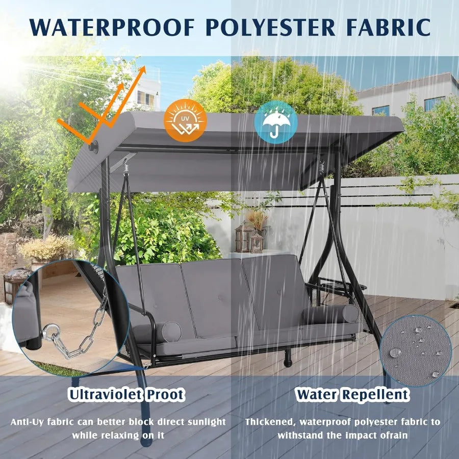3 Person Outdoor Porch Swing with Canopy and Stand for Garden Yard Convertible 2 in 1 Patio Bed Swing with Cup Holder Grey Swin