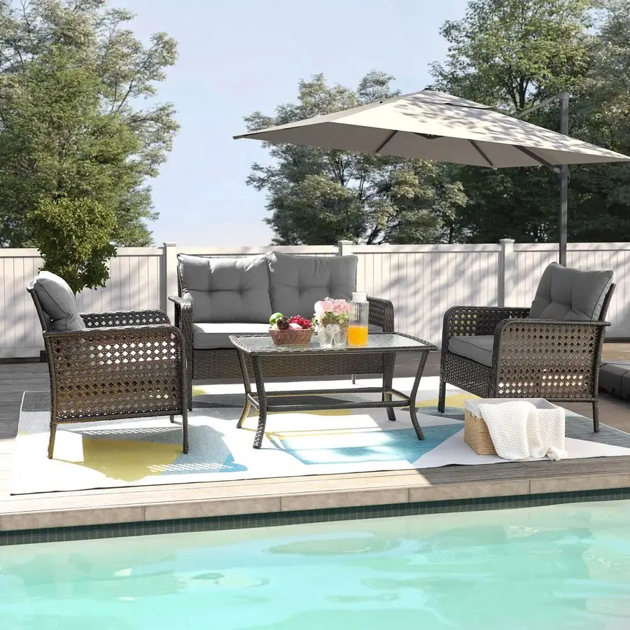 Patio Furniture Set Outdoor Furniture 4 Pieces Wicker Patio Conversation Sets with Loveseat, Rattan Seating Outside Patio Set Co