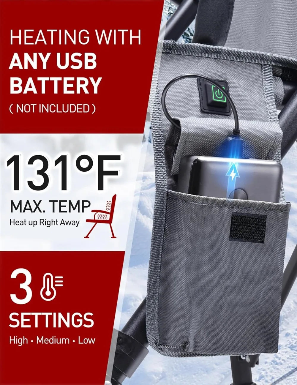 Heated Camping Chair with 3 Temperature Settings, Padded Seat & Back, Cup Holder and Storage Pockets for Outdoor Use