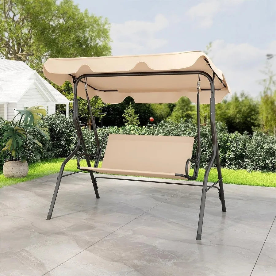 Porch Swing Outdoor 3 Person Patio Swing w/Removable Cushion Stand Adjustable Canopy Heavy Duty Swing Chair for Patio Garden Co