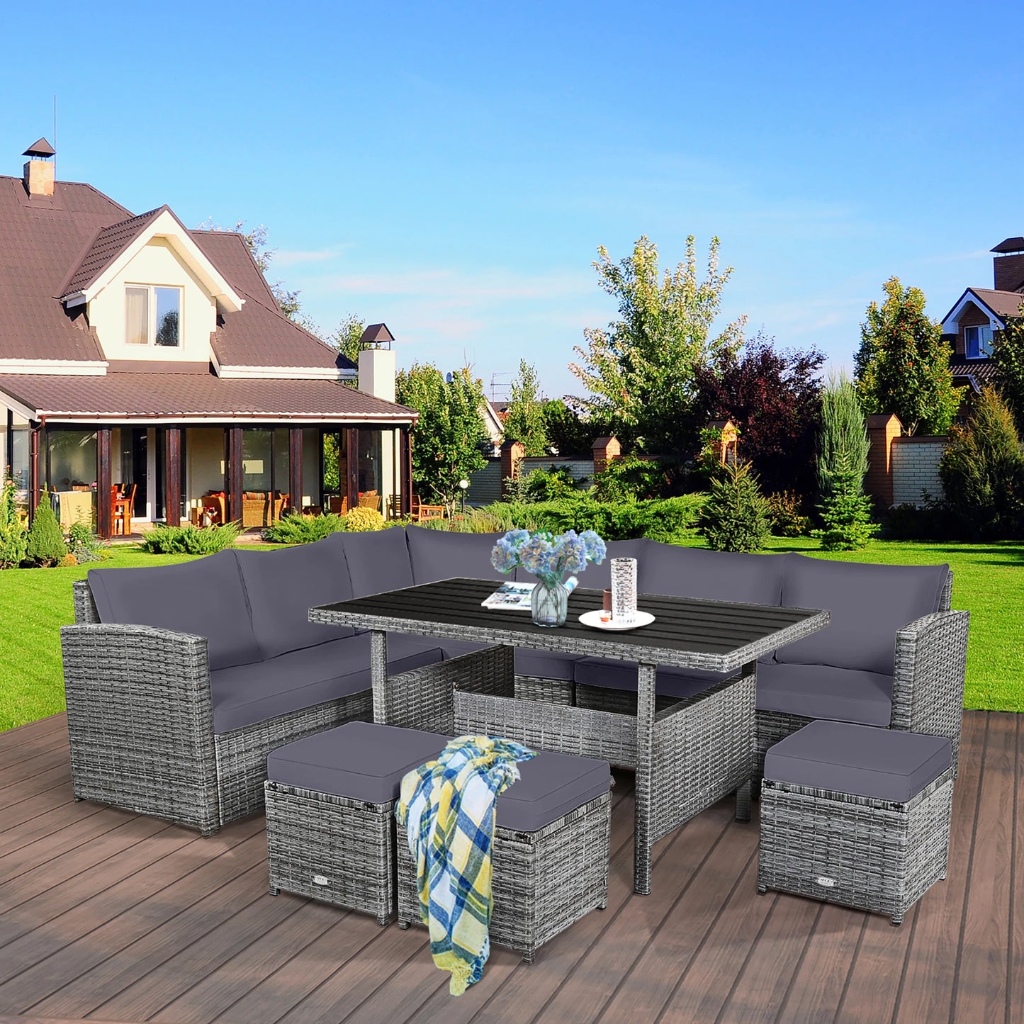 7 PCS Patio Rattan Dining Set Sectional Sofa Couch Ottoman Garden Grey