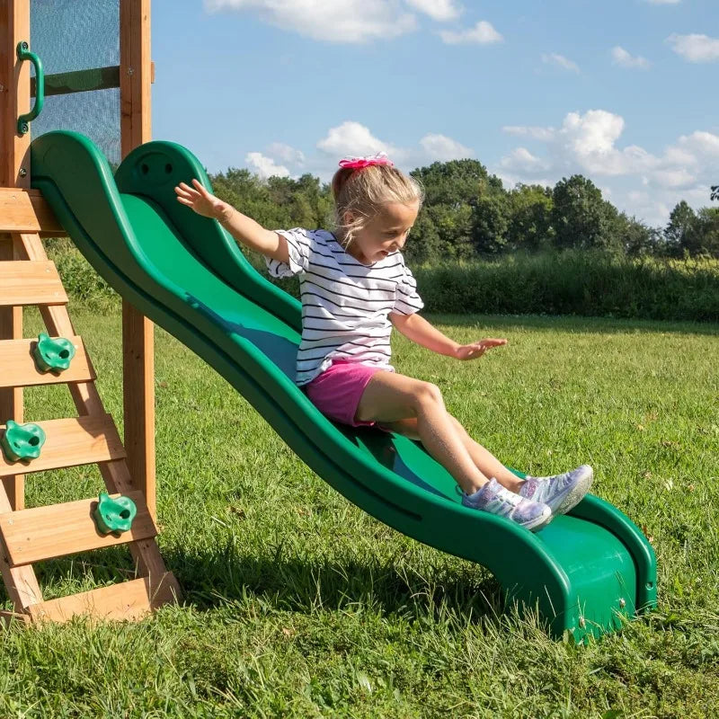 Buckley Hill Wood Swing Set with Wave Slide, Play Deck, Rock Wall Ladder, Belt Swings, Chalkboard, Cano