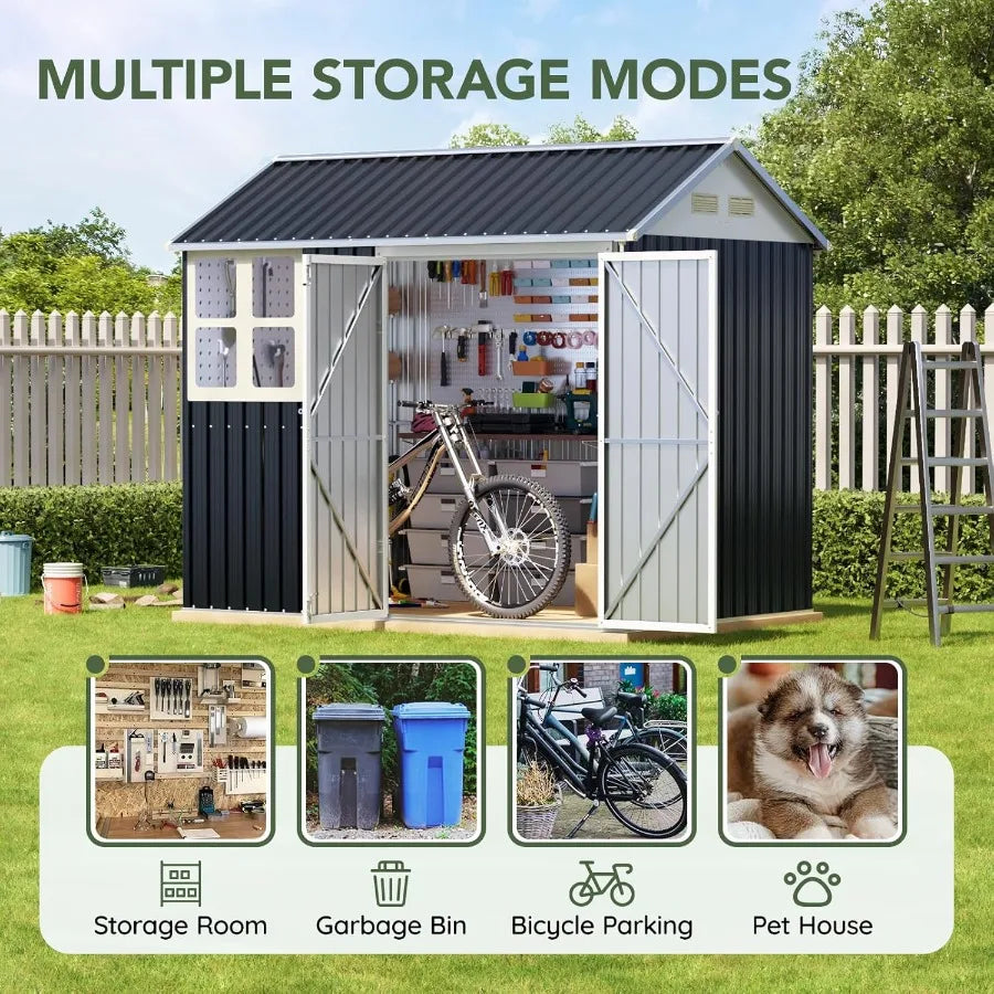 8x6 FT Outdoor Metal Storage Shed with Clear Window Lockable Single Door Weather-Resistant Garden Tool Shed for Backyard Patio