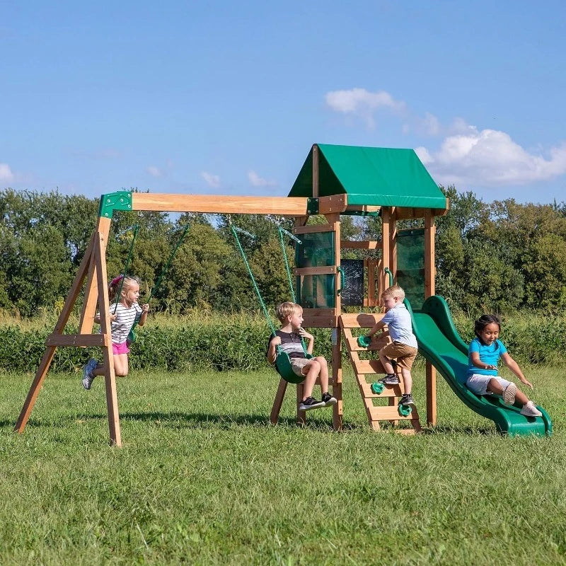 Buckley Hill Wood Swing Set with Wave Slide, Play Deck, Rock Wall Ladder, Belt Swings, Chalkboard, Cano